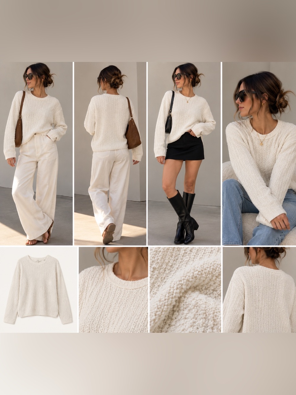 VINCE Bouclé Textured Crewneck Sweater Ivory/Cream M
